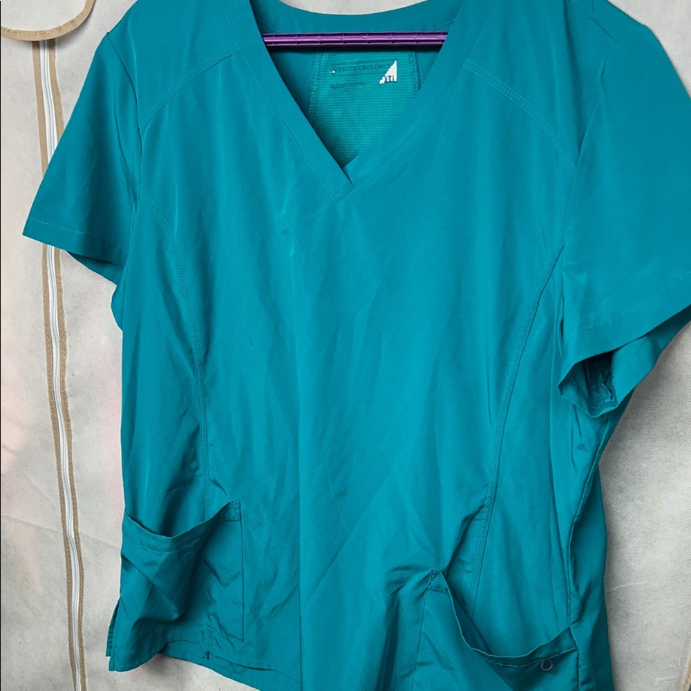 White Cross Teal Short Sleeve Scrub Top